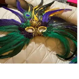 Mardi Gras Green, Purple And Gold Feather Mask New Orleans Fat Tuesday Party