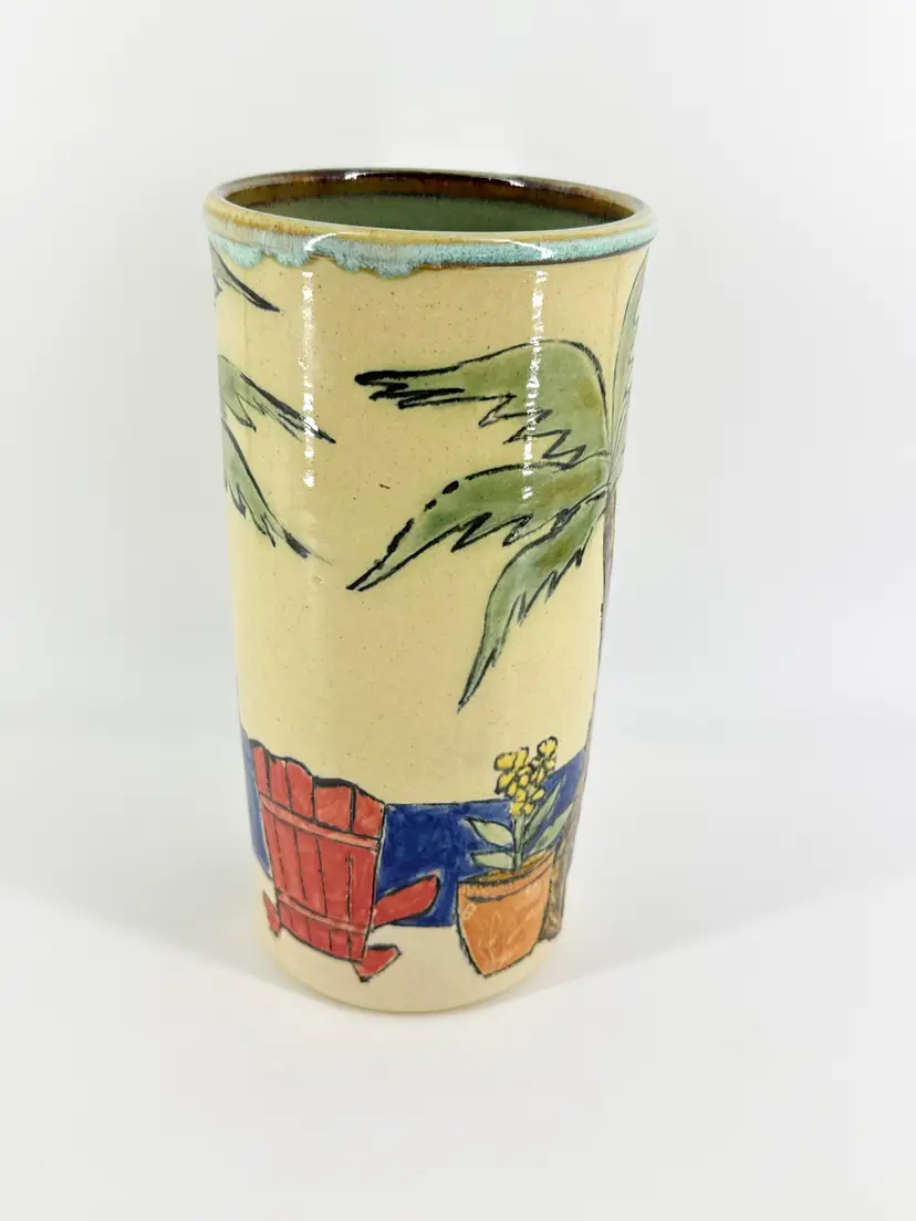 Vtg Signed Gills Rock Studio Art Pottery Utensil Crock Stoneware Hand Etched Painted Beach Theme