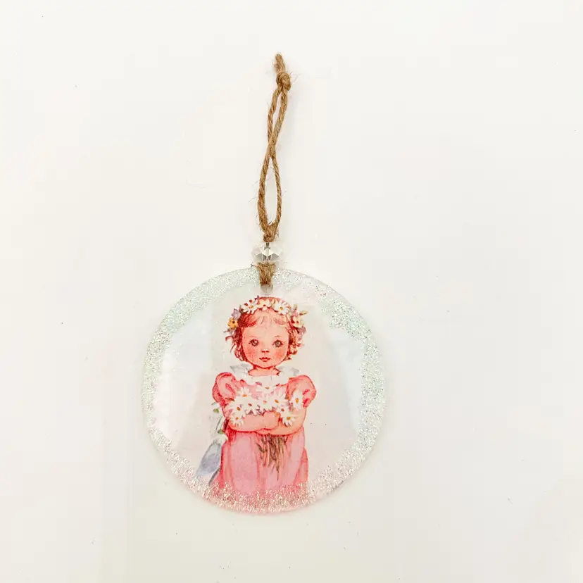 Girl in Pink Dress Vintage Illustration Christmas Ornament Handmade 3.5"