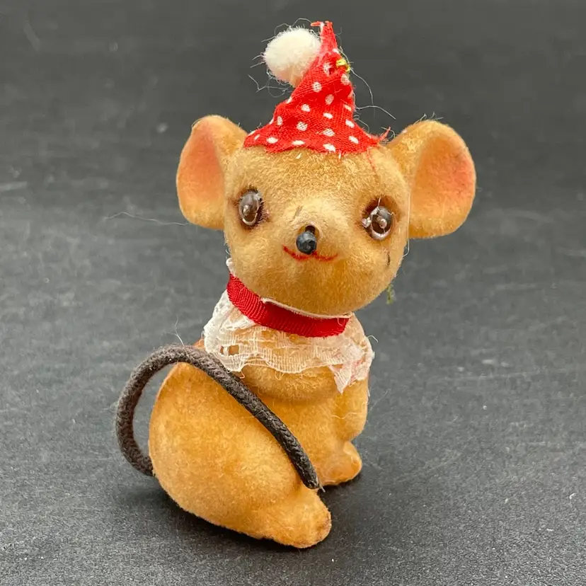 Flocked Mouse with Hat Christmas Ornament Vintage Kitsch Kitschy Holiday Decor