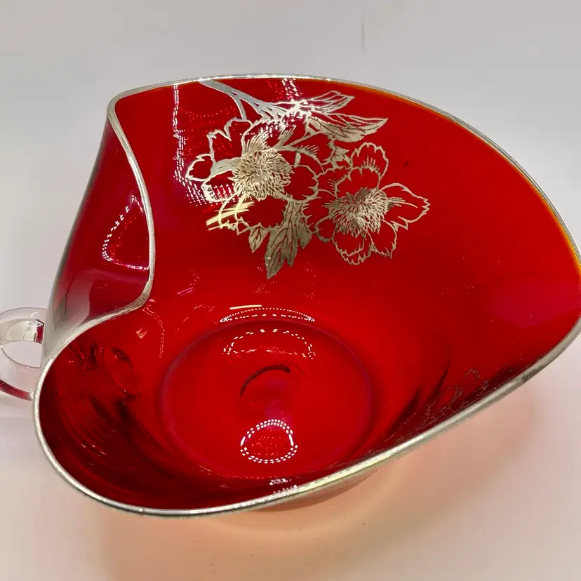 Red Glass Silver Overlay Folded Bowl with Handle GLOWS 8.25”