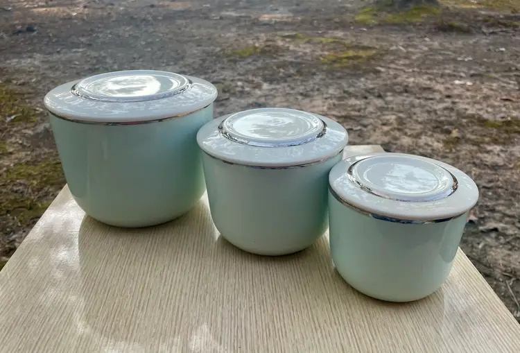 Universal Pottery Ballerina Platinum Rim Mist Refrigerator Dish Set of 3-Vintage