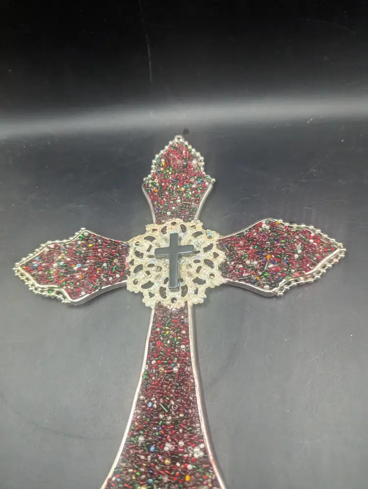 Vintage Wall Hanging Cross Hand Made Unique Collage Art Work Multi Colored Beads.