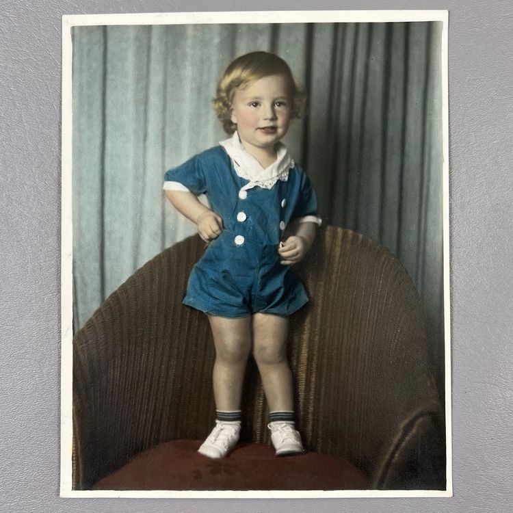 Vintage Tinted Photo Portrait Toddler Baby Blonde Curls Rosy Cheeks 8x10" Blue Backdrop