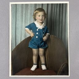 Vintage Tinted Photo Portrait Toddler Baby Blonde Curls Rosy Cheeks 8x10" Blue Backdrop