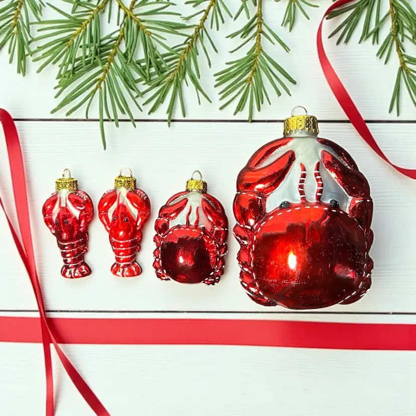 Lot of 1 Crab 1 Mini Crab & 2 Mini Lobster Glass Christmas Ornaments