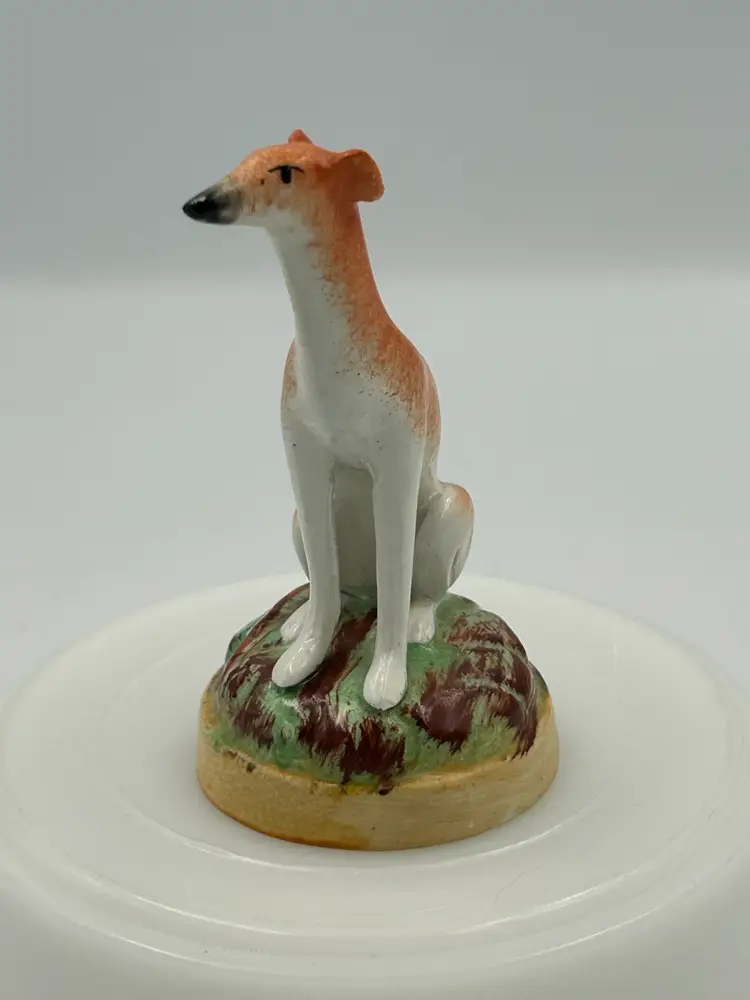 Antique Staffordshire, England, 4“ Whippet Fox Hunt Mantle Dog Figurine