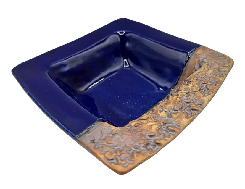 Signed Studio Art Pottery Bowl Two Tone Blue Brown Nature Textured Rock 6.5”