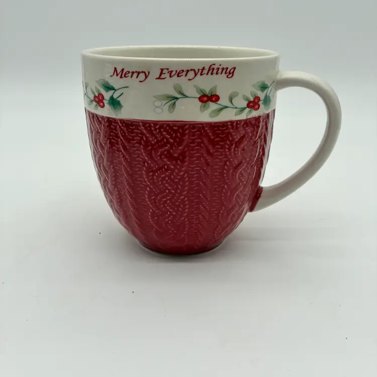 Pfaltzgraff Winterberry Merry Everything Mug Red Cable Knit Christmas Holiday
