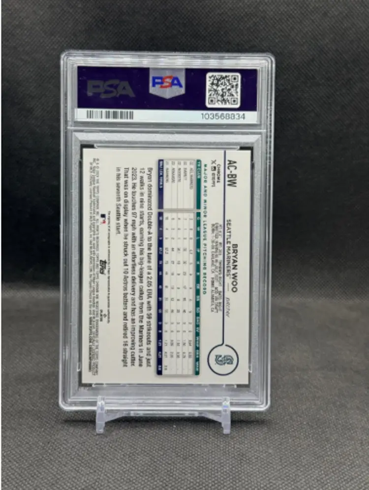 Bryan Woo 2024 Topps Chrome Update Aqua Wave Rookie Card Autograph /199 PSA 9