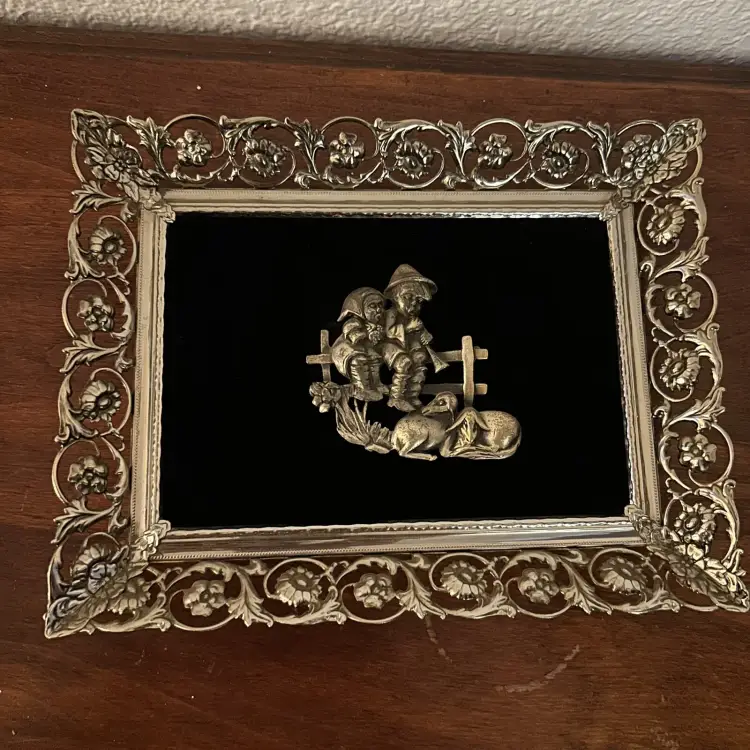 Framed Vintage Silson Pewter Pin 1940's, children on fence 9x7