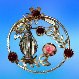 Vintage Mary Red Rhinestone Floral Goldtone Brooch (KK)