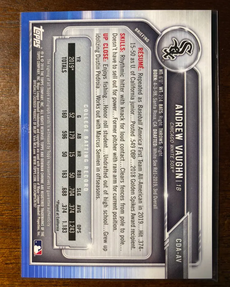 2019 Bowman Draft Andrew Vaughn 1st Gold Wave Auto 1950 Milwaukee Brewers