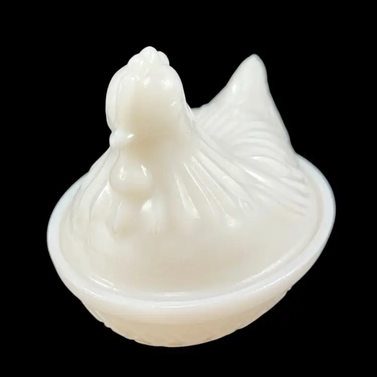 Vintage Milk Glass Hen On Nest Trinket Dish, Milk Glass Hen On Nest Lidded Dish, Glass Chicken On Nest