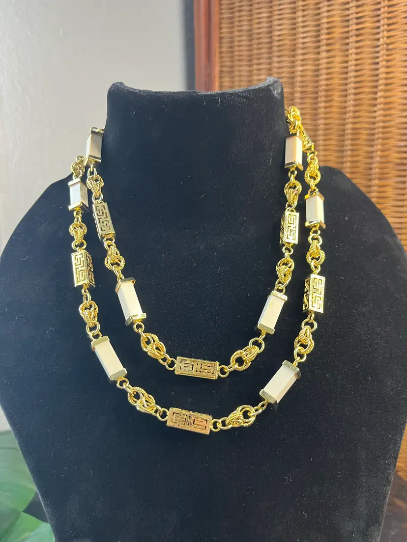 #J58 - Vintage Long Single Strand Gold Tone & Faux Bone Necklace