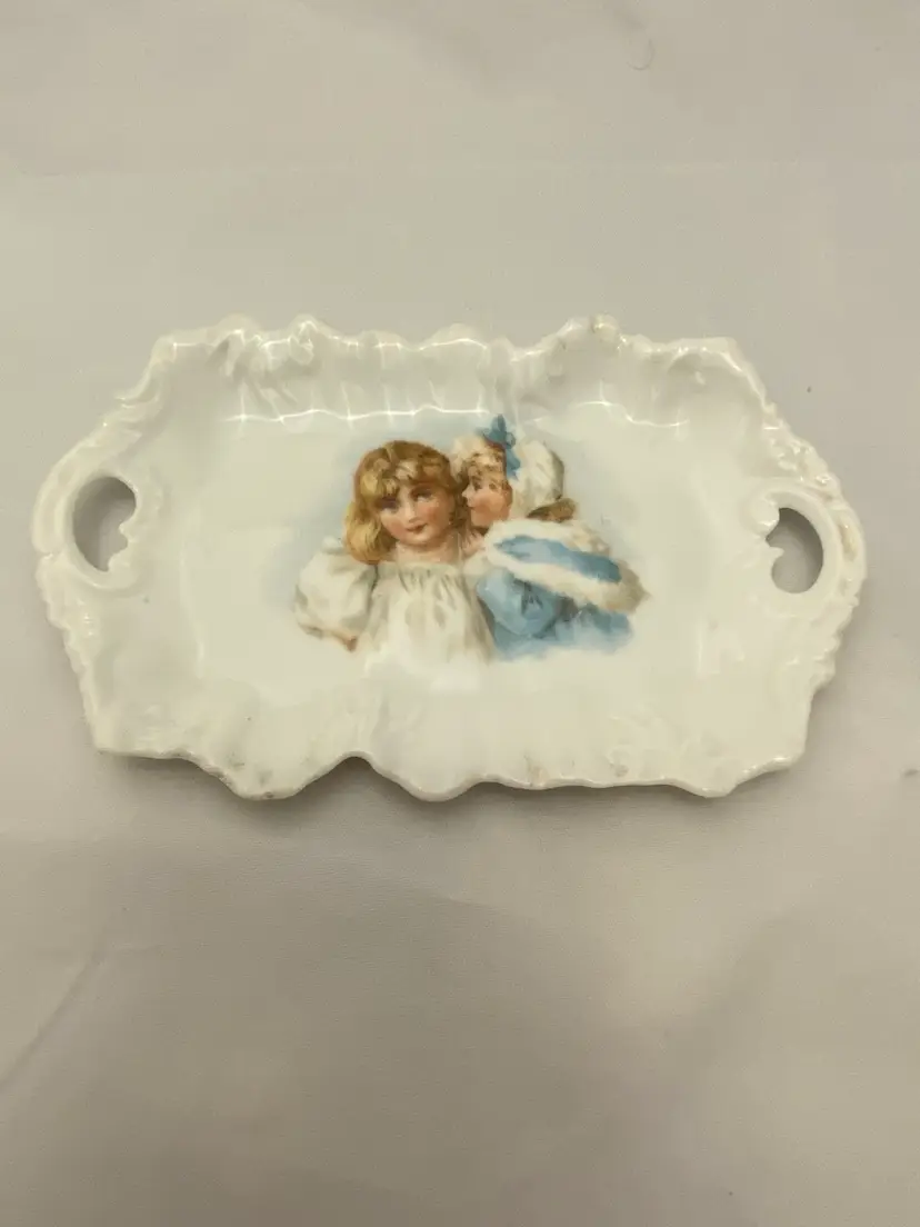 Antique Victorian Austrian Porcelain Brundage Girls Trinket Tray, marked Imperial Vienna Austria