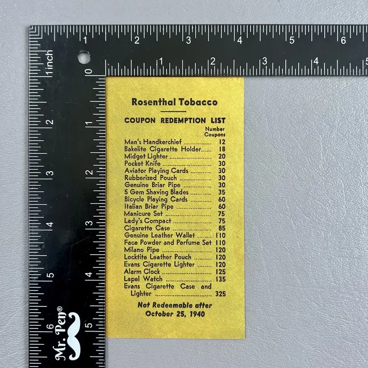 Rosenthal Tobacco Profit Sharing Coupon 1940s  Advertising 383 Main St Woburn MA Mass. Massachusetts