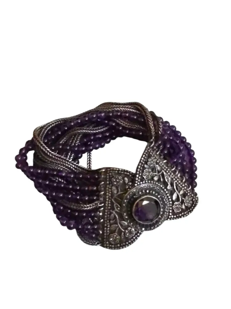 Beautiful Amethyst Bead Sterling Wide Bracelet (A9472)