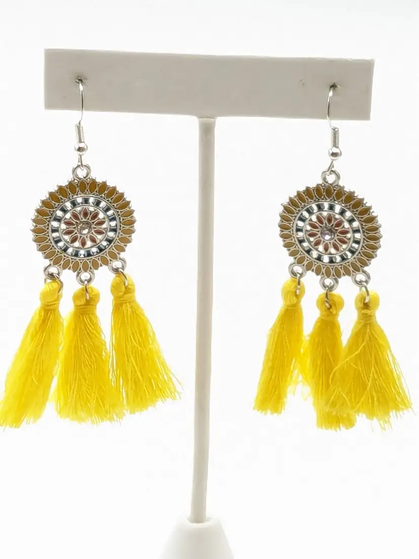 Yellow Tassel Flower Boho Dangle Pierced Earrings Silver Tone