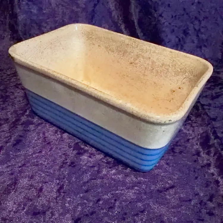 Vintage Universal Potteries cream and blue striped rectangular ceramic utility dish. Fabulous aging and crazing in this piece!