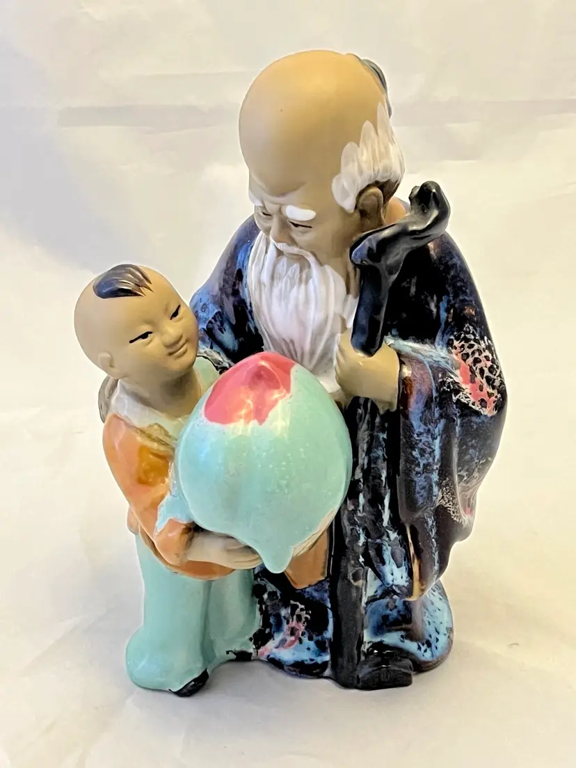 Chinese Signed China Clay Shou Xin Gong God Longevity Mudman Statue, VTG EUC