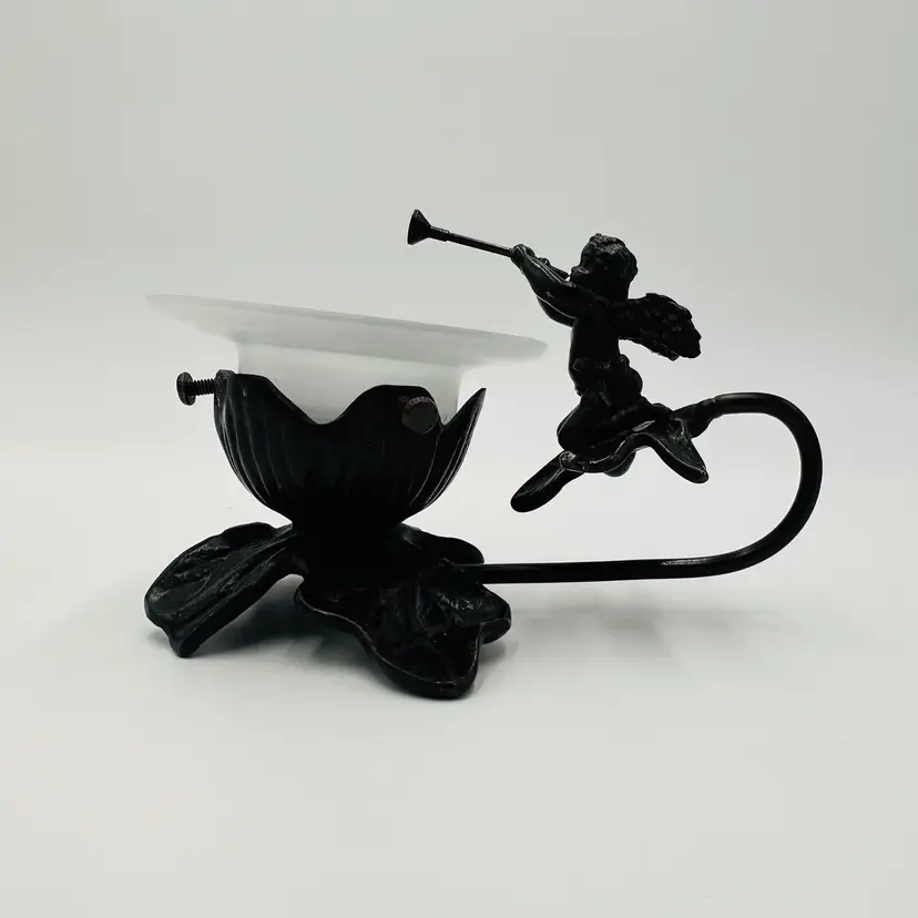 Cherub Candle Holder Lily Lamp Leafs Art Deco Solid Brass Bronze Tone