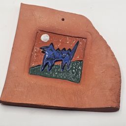 Studio Art Pottery wall hanging enamel wolf coyote vintage Signed Daria Smith 92