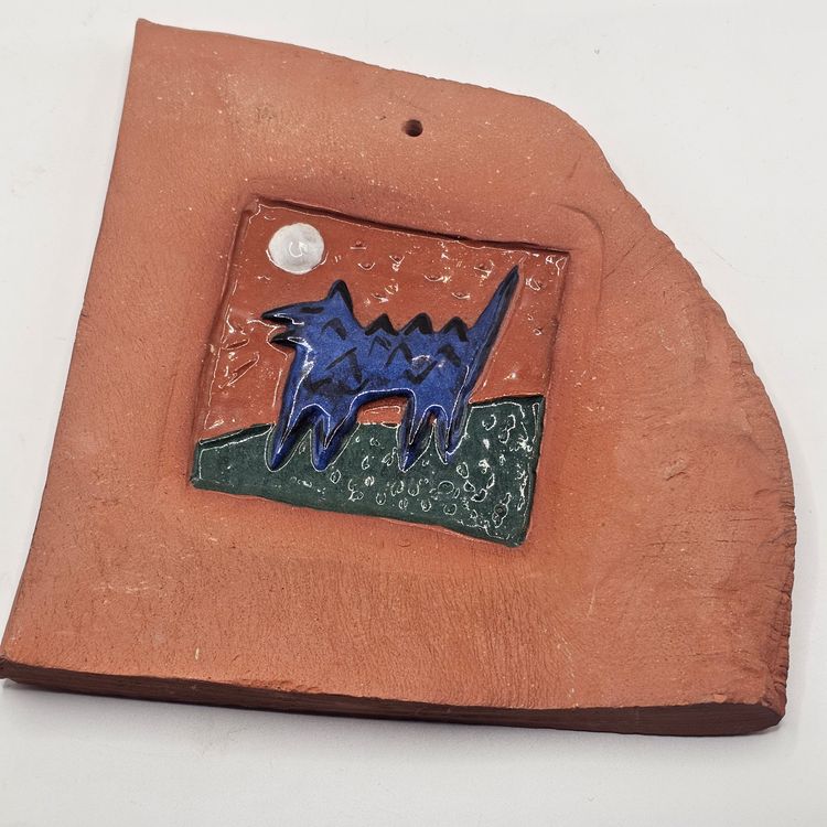 Studio Art Pottery wall hanging enamel wolf coyote vintage Signed Daria Smith 92