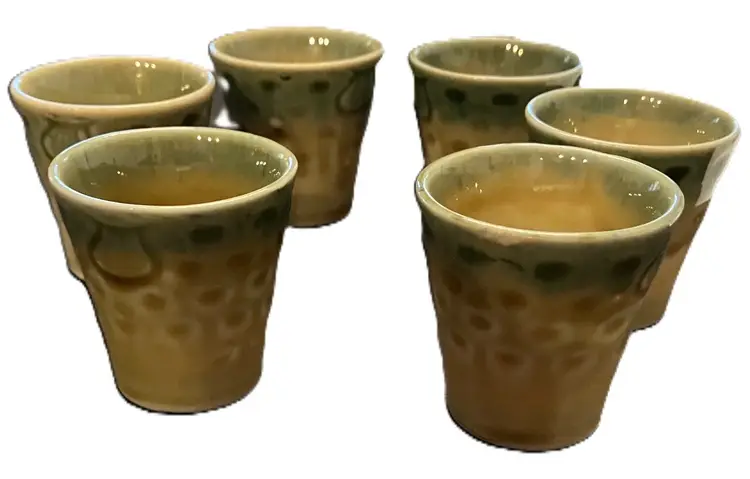 Lot of Japanese Glazed Pottery Yellow and Green Sake or Tea Cups X 6