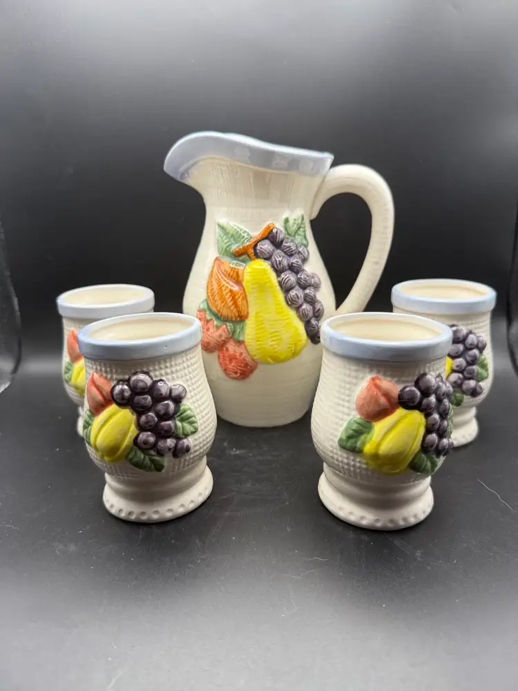 Vintage Haruta Japan Ceramic Fruit Pitcher And Cup Set With Basket Weave Texture