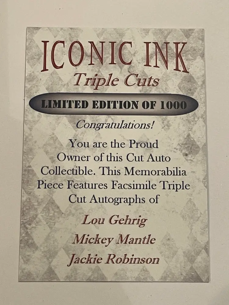 Iconic Ink Triple Cuts Lou Gehrig/Mickey Mantle/Jackie Robinson