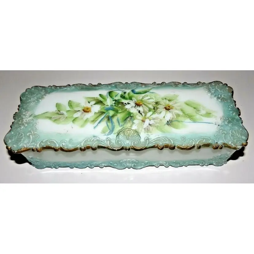 RARE EAPG Milk Glass, Victorian Era, Hand Painted Rectangle, Covered Glove Box
