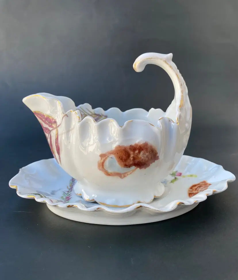 *VTG* Limoges France, A. Lanternier Hand-Painted Floral & Shell Gravy Boat Set