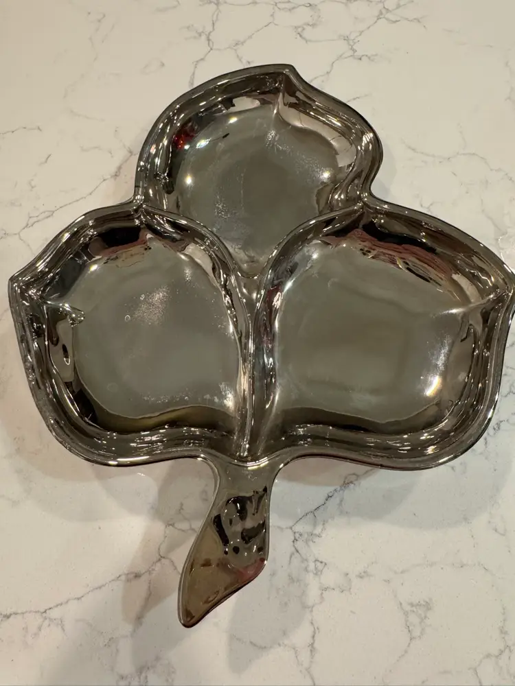 Vintage Mercury Glass Lusterware Three Section Maple Leaf Dish