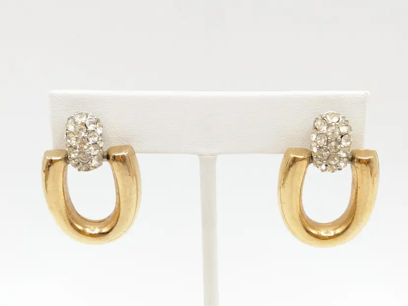 Vintage Gold and Silver Tone Rhinestone Door Knocker Pierced Earrings