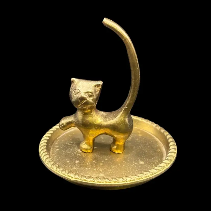 Small Brass Kitty Cat Ring Trinket Dish 3”
