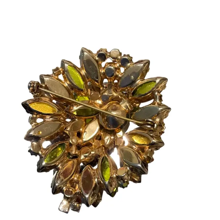 Brown And Green Rhinestones With Faux Pearl Brooch