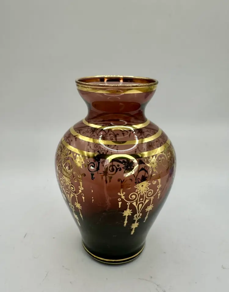 Amethyst Vecchia Murano Vase Venetian Art Glass Gold Gilt 4 1/4”