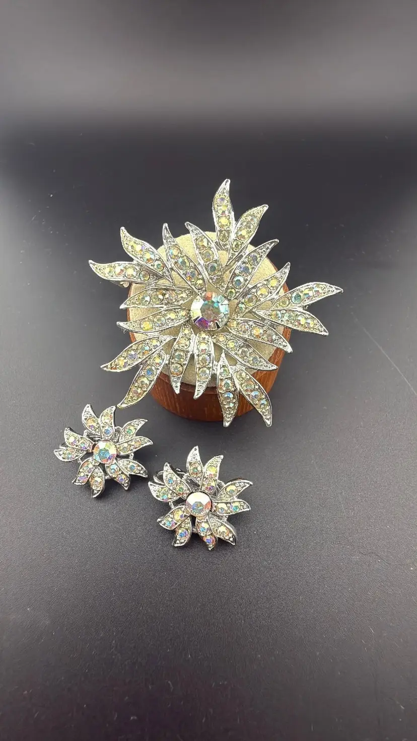 18 Sarah Coventry Aurora Blaze – Brooch and Clip Earrings in Silver Tone