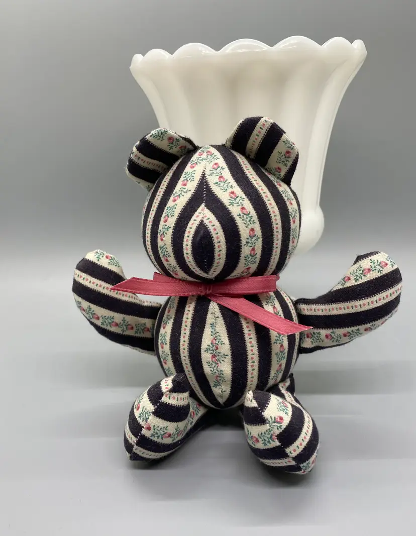 Hand Sewn Black Cream Striped Pink Flower Buds Teddy Bear Shelf Sitter 7" Pink Bow