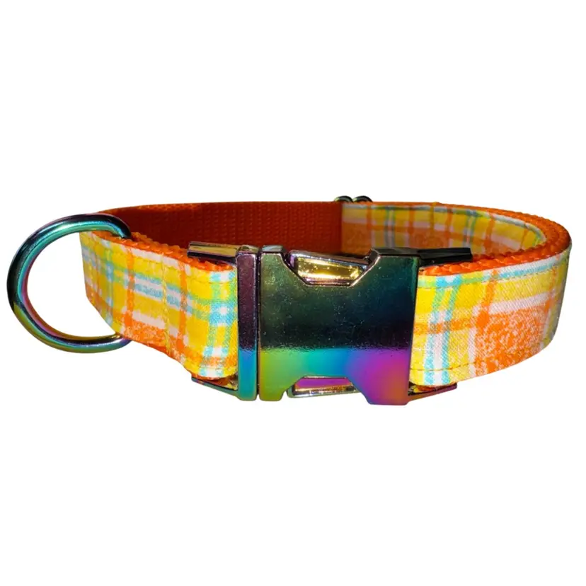Dog Collar Yellow & Orange Plaid Vintage Print Large Handmade Heavy Duty W/Buckle NEW