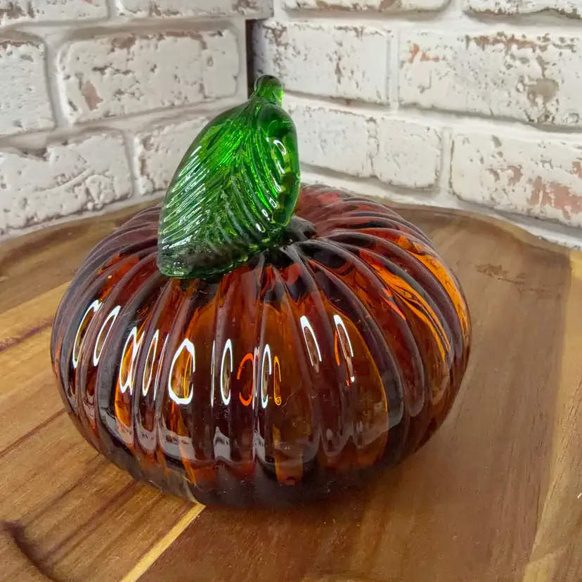 Pumpkin Of A Amber Coloring And A Great Leaf And Glass Decor