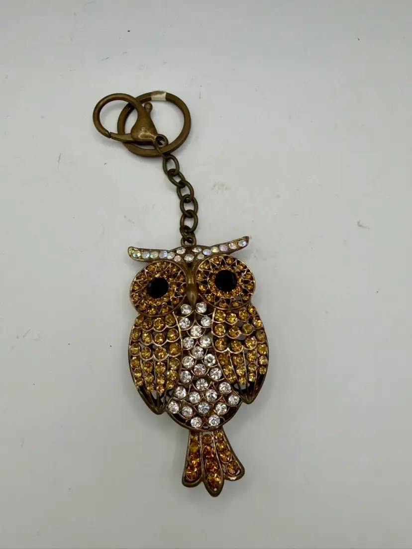 Amber Rhinestone With Black Rhinestone Eyes Owl Key Chain Pitch Charm Coppertone
