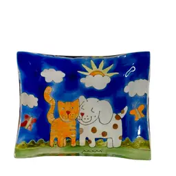 Trinket Dish Fused Glass Cat Dog Butterflies & Clouds Blue Orange & Green
5 3/4” L x 4 1/2” W x 3/4” H