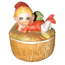 Vintage Homeco Elf and Mushroom Trinket Lidded Jewelry Box Ring Dish