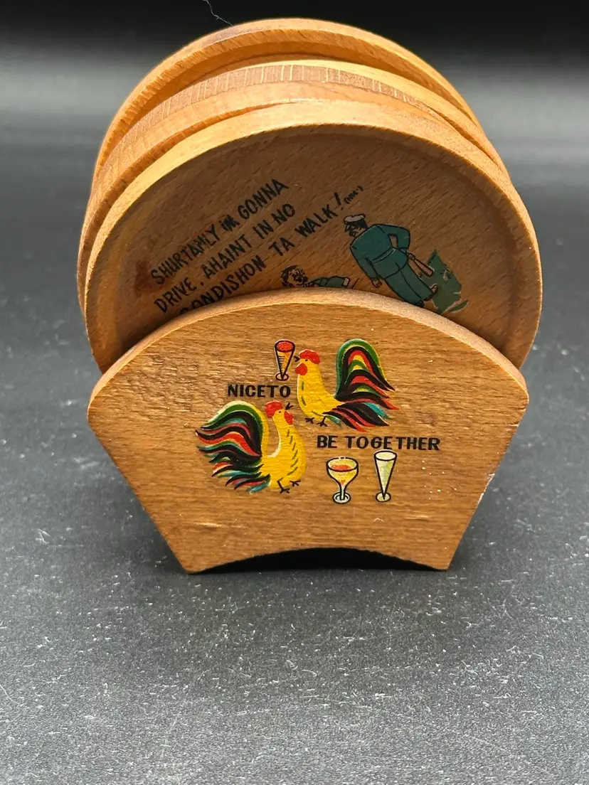 Rare VINTAGE 1940's TUCSON ARIZONA SOUVENIR 5 Whimsical wood coasters & Holder