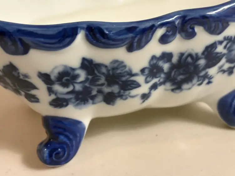 SOAP DISH~Bathtub Shape~White With Blue Floral~Ceramic Or Porcelain
