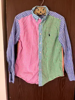 RALPH LAUREN Boys Patchwork Gingham Button Down Shirt Medium Colorful Cotton