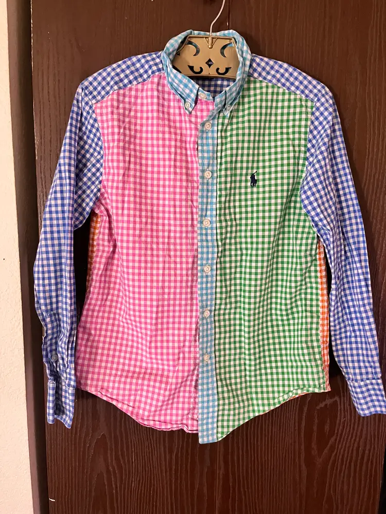 RALPH LAUREN Boys Patchwork Gingham Button Down Shirt Medium Colorful Cotton