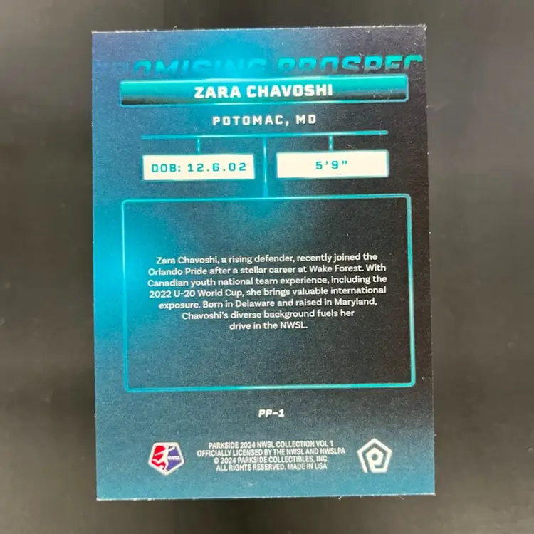Zara Chavoshi 2024 Parkside NWSL Promising Prospects Red /30 Soccer Card